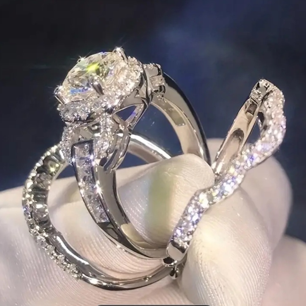 3 pcs Halo Stackable Rings with ShCubic Zirconias, Weddings, Engagement Ring - Picture 4 of 11
